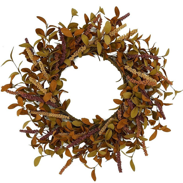 WreathDream 20 inch Fall Wreath Autumn Eucalyptus Harvest with Leaves,Mixed Grain for Front Door Farmhouse Indoor Outdoor Festival Home Thanksgiving Decor, Orange Leaves S