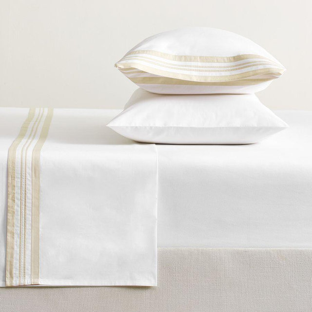 Addison Border Percale Sheet Set, White/Taupe, Queen
