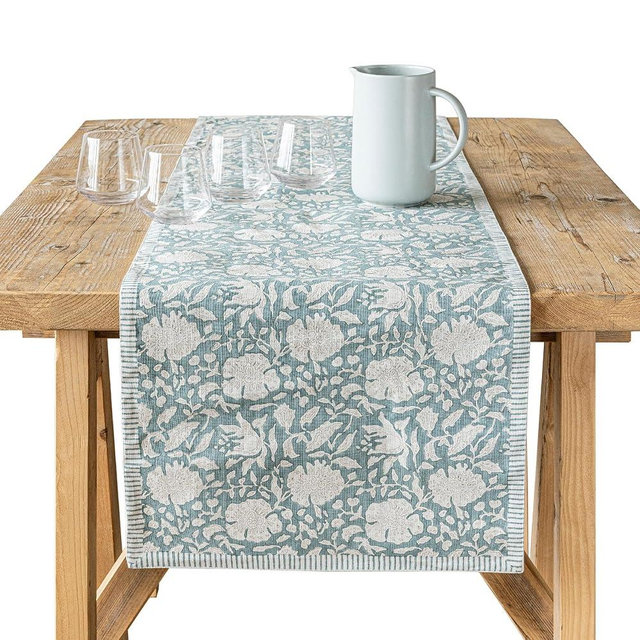 over&back 18x90 Printed Cotton Table Runner - Washable Table Runners for a Custom Home Decor Tablescape - Perfect for Coffee Table, Dinner Table, Living Room, and More - Blue Floral