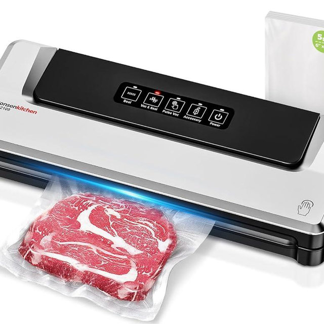 [Updated 2025] Bonsenkitchen Vacuum Sealer Machine + 5 Vacuum Bags, Fast-Compact/Multi-Functional Food Vacuum Sealer with External Vacuum System, Silver