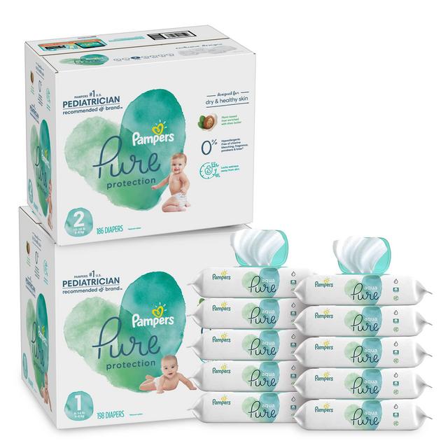 Pampers Pure Protection Disposable Baby Diapers Starter Kit (2 Month Supply), Sizes 1 (198 Count) 2 (186 Count) with Aqua Pure Baby Wipes, 10X Pop-Top Packs (560 Count)