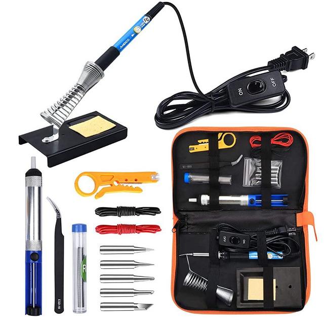 Anbes Soldering Iron Kit Electronics, 60W Adjustable Temperature Welding Tool, 5pcs Soldering Tips, Desoldering Pump, Soldering Iron Stand, Tweezers