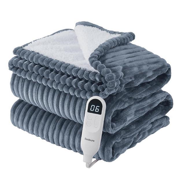 Bedsure Heated Blanket Electric Twin - Soft Ribbed Flannel, Fast Heating Electric Blanket with 6 Heating Levels & 10 Time Settings, 8 Hours Auto-Off (62x84 inches, Grey)
