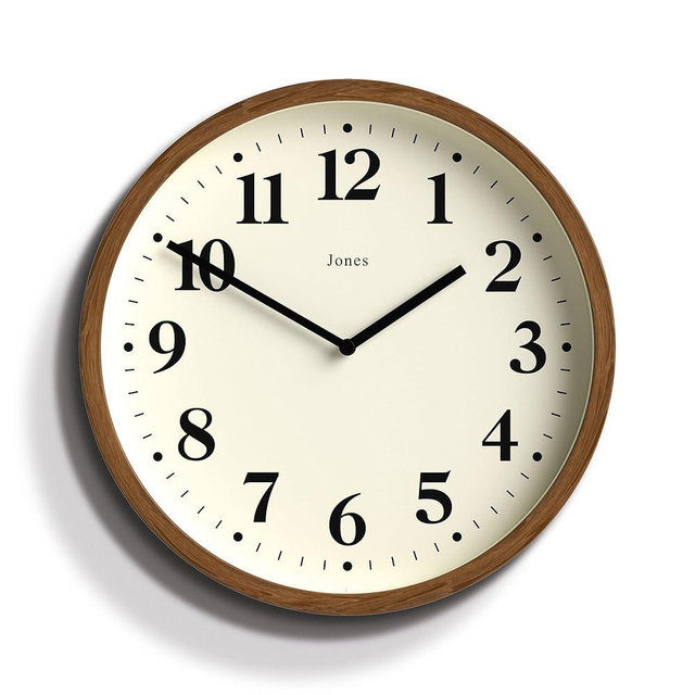 JONES CLOCKS Lodge Wall Clock - Modern, Small, Round for Kitchen, Living Room, Office - Wood Effect Case, Minimalist Dial (Dark Faux Wood)
