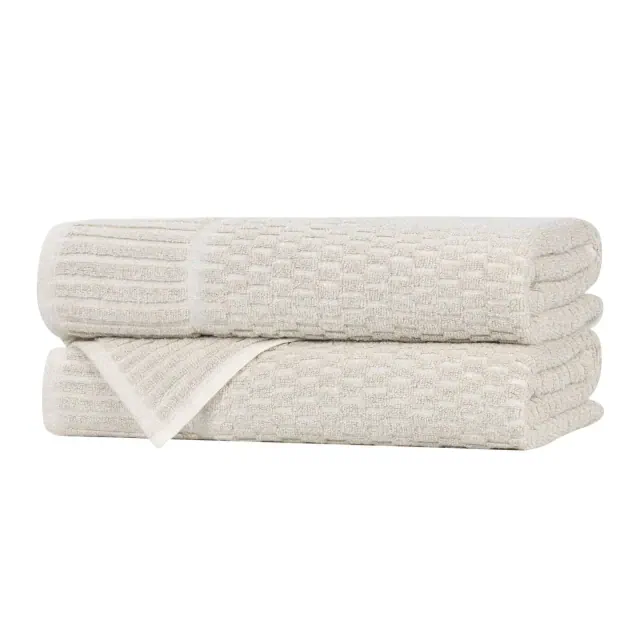 Viscose Cotton Blend Medium Weight Soft Textured Checkered Ribbed Border Bath Towels, Set of 2, Beige - Blue Nile Mills