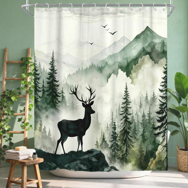 VeiVian Misty Forest Deer Shower Curtain, Nature Mountain Landscape Modern Bathroom Decor, Waterproof Fabric Woodland Animal Shower Curtain Set Rustic Cabin Style, 72x72 Inch with Hooks