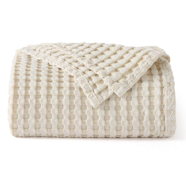 Bedsure Cooling Cotton Waffle Throw XL Blanket - Lightweight Breathable Blanket of Rayon Derived from Bamboo for Hot Sleepers, Light Beige, 50x70 Inches