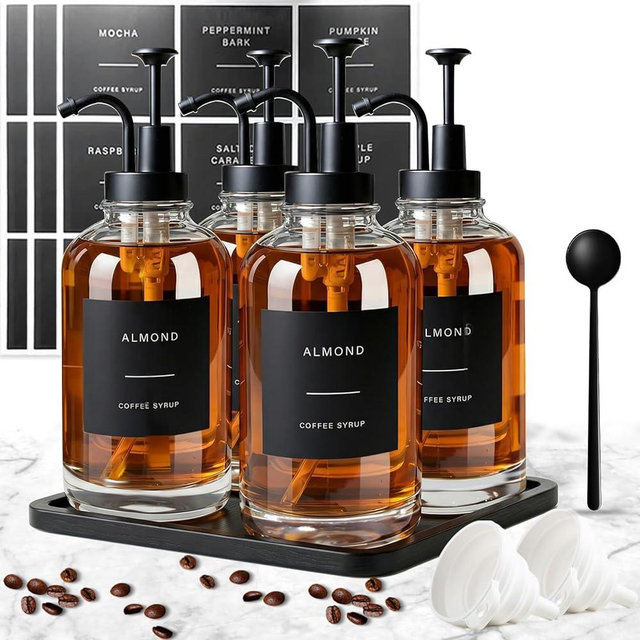 Coffee Syrup Dispenser for Coffee Bar, Set of 4 Simple Glass Syrup Bottle w. Pump and Labels, 16.9 oz 500ml Syrup Pump Dispenser, Syrup Dispenser w. Tray & Coffee Scoop