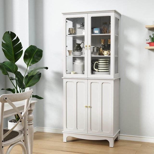 ARTPOWER 72" Freestanding Kitchen Pantry Storage Sideboard, Classical Tall Cabinet with Glass Door and Adjustable Shelves for Kitchen, Livingroom and Dining Room, White
