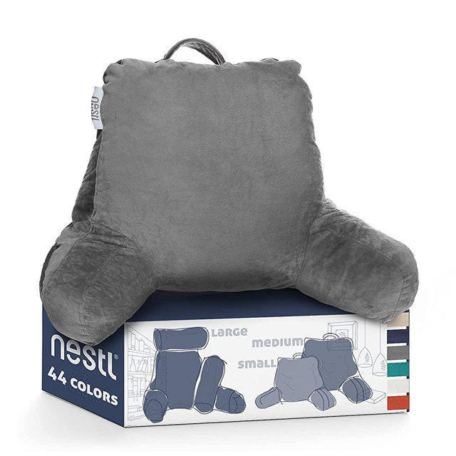 Nestl Reading Pillow Standard Bed Pillow, Back Pillow for Sitting in Bed Shredded Memory Foam Chair Pillow, Reading & Bed Rest Pillows Grey Back Pillow for Bed, Bed Chair Arm Pillow with Pockets