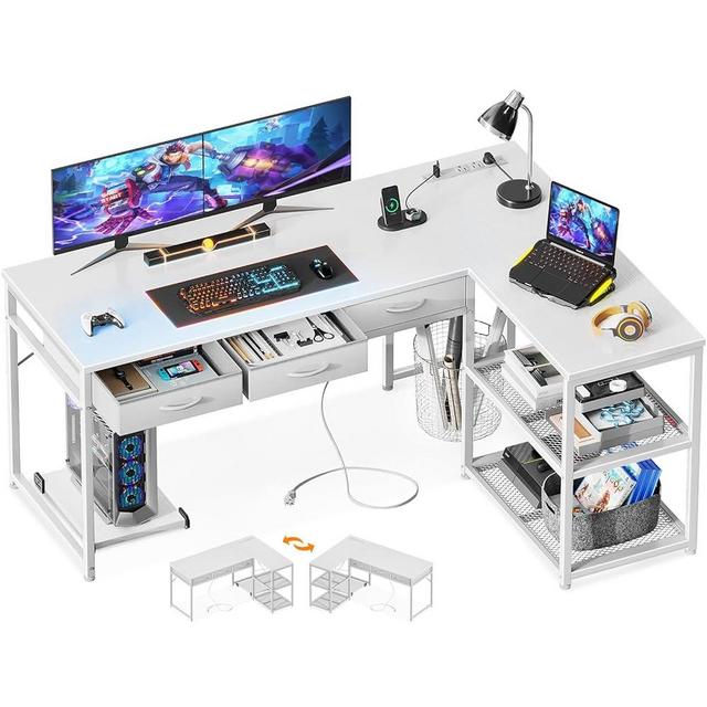 AODK 53 Inch L Shaped Computer Desk with Fabric Drawers, Corner Desk with Power Outlets & Movable CPU Stand, Reversible Storage Shelves for Home Office, Gaming Desk, White