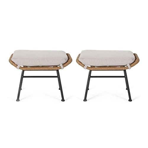 Great Deal Furniture Gloria Outdoor Modern Boho Wicker Ottoman (Set of 2), Light Brown, Beige, and Black
