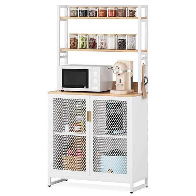 Tribesigns Kitchen Bakers Rack with Hutch, 5 Tier Kitchen Utility Storage Shelf with Mesh Metal Cabinet & 8 Hooks, Microwave Oven Stand Rack, Free Standing Kitchen Shelf Kitchen Pantry Cabinets, White