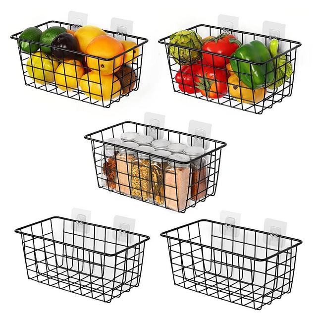 5 Pack Wire Storage Baskets, Hanging Wall Basket Premium Metal Storage Bin Organizer Basket for Home Office Kitchen Pantry Bathroom Countertop, Black