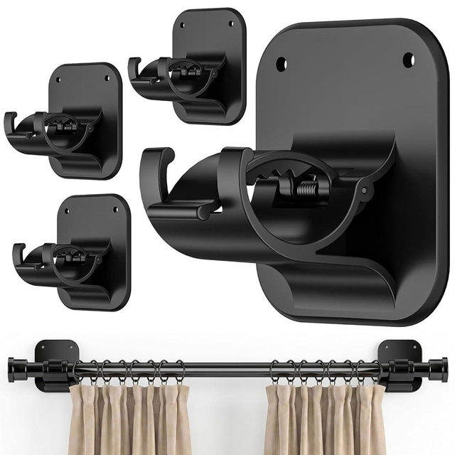 No Drill Curtain Rod Brackets - 20LB, 4 Pack Self Adhesive Curtain Rod Holder, Peel and Stick Wall Hooks, Renter Friendly Upgrades for Apartment, Kitchen, Bathroom, Dorm, Living Room and RV