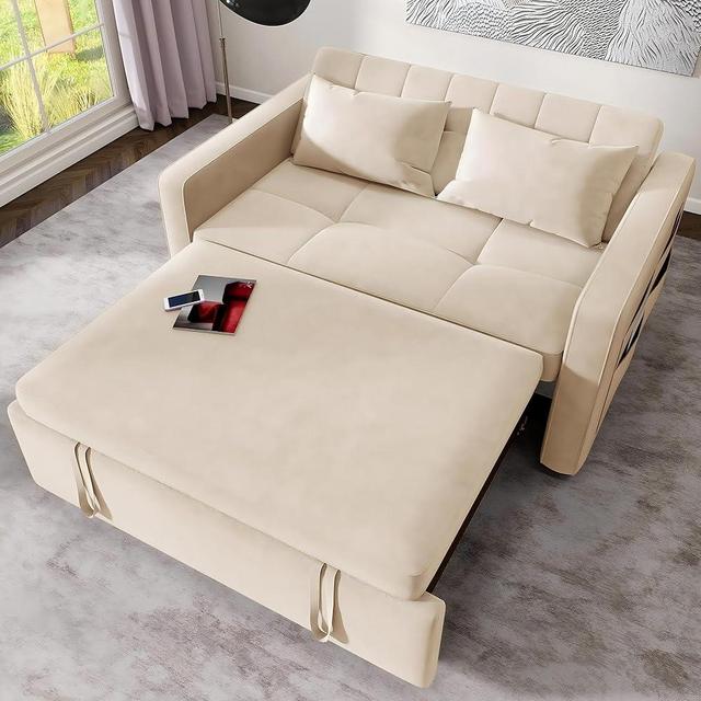DWVO 55" Convertible Sofa Bed, 3-in-1 Sleeper Sofa with Pull-Out Bed, Velvet Futon Couch with Adjustable Backrest and Side Pocket, Modern Loveseat for Living Room Apartment, Beige