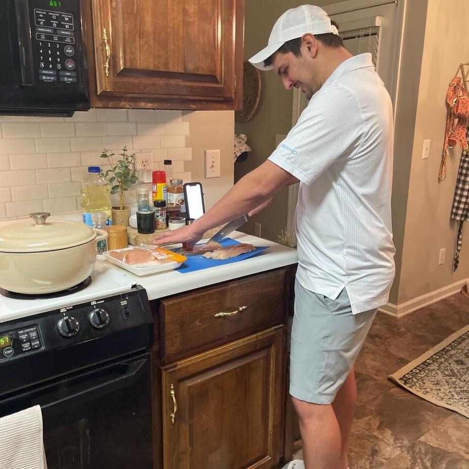 Nick's first time cooking. It was Valentine's Day and he decided to make chicken alfredo from scratch. Also the day "I love you" was said.