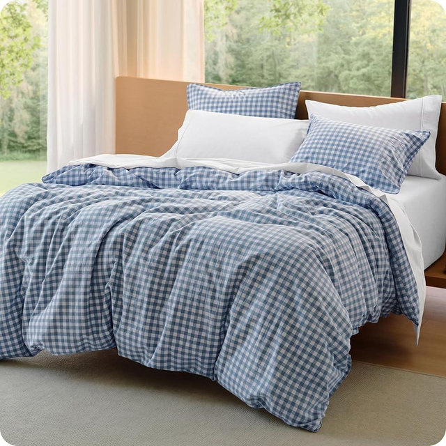 Bedsure Gingham Duvet Cover King, 100% Washed Cotton Duvet Cover Linen Like, Classic Yarn-Dyed Checkered Design & Double-Stitch Enhances Bedroom Comfort and Style, Gingham Cornflower Blue, 104"x90"