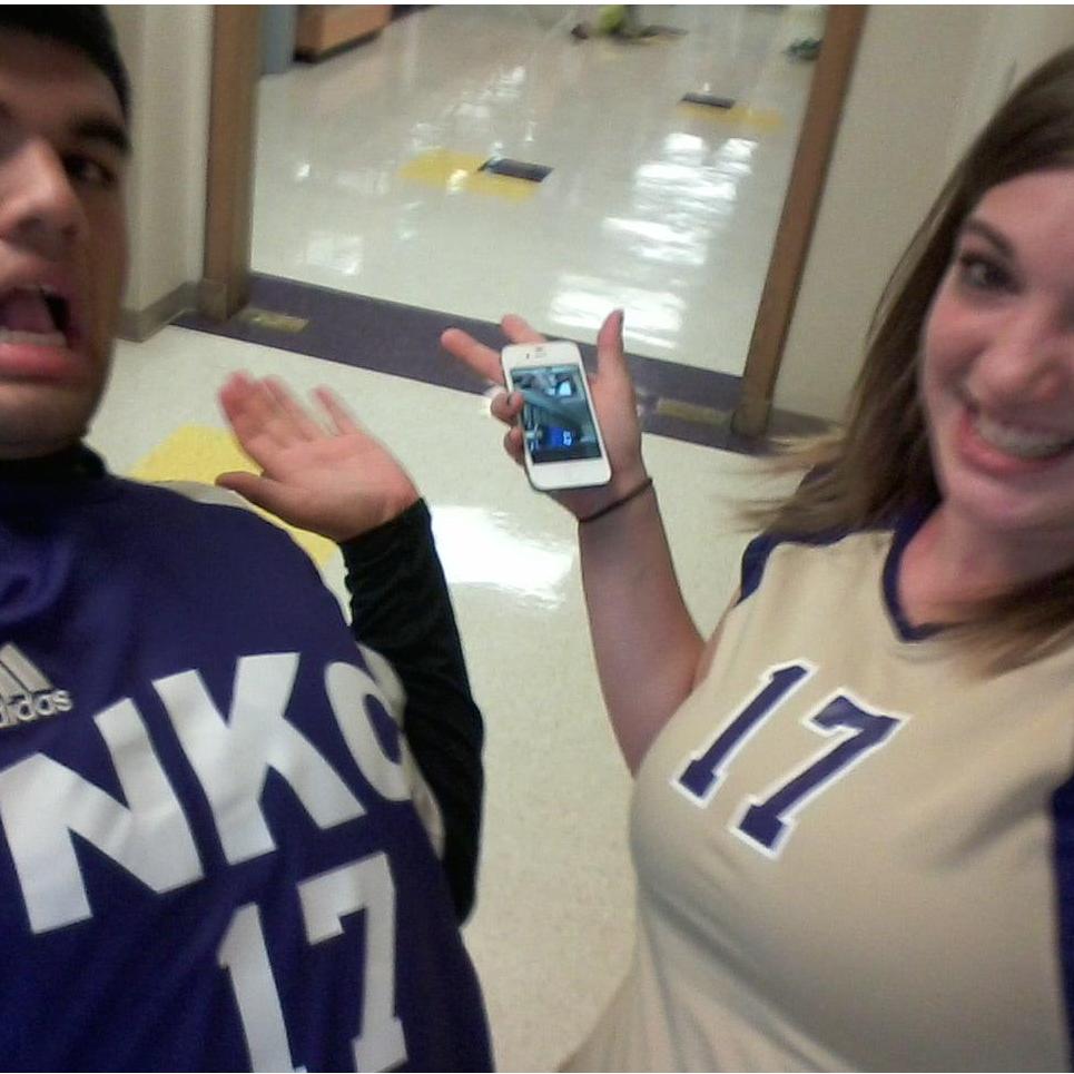 Matching jerseys in our high school sports teams! Chris was #17 in soccer and I was #17 in volleyball!