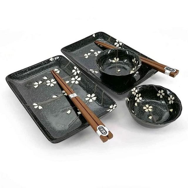 JapanBargain 4697, Japanese Sushi Set Porcelain Sushi Plates Soy Sauce Dipping Bowls and Chopsticks Gift Set, Black Color with Sakura Pattern, Made in Japan