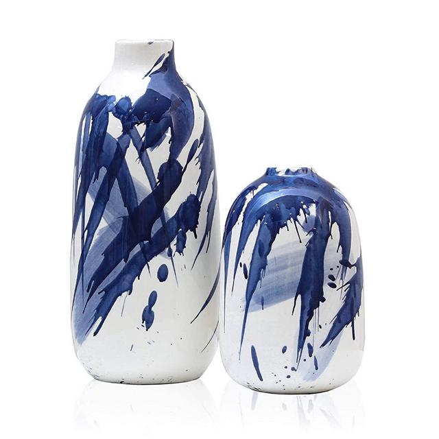 TERESA'S COLLECTIONS Set of 2 Indigo Pattern Flower Vases, Blue and White Ceramic Decorative Vases with Aquarelle for Kitchen,Office,Wedding or Living Room