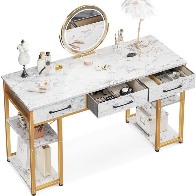 ODK Vanity Desk with Fabric Drawers & Storage Shelves, Makeup Dressing Table, Home Office Desks for Bedroom, Modern Writing Desk,White Marble and Gold Leg, 48"x16"