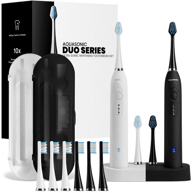 AquaSonic DUO - Dual Handle Ultra Whitening Rechargeable Electric ToothBrushes - 40,000 VPM Motor & Wireless Charging - 3 Modes with Smart Timers - 10 DuPont Brush Heads & 2 Travel Cases Included