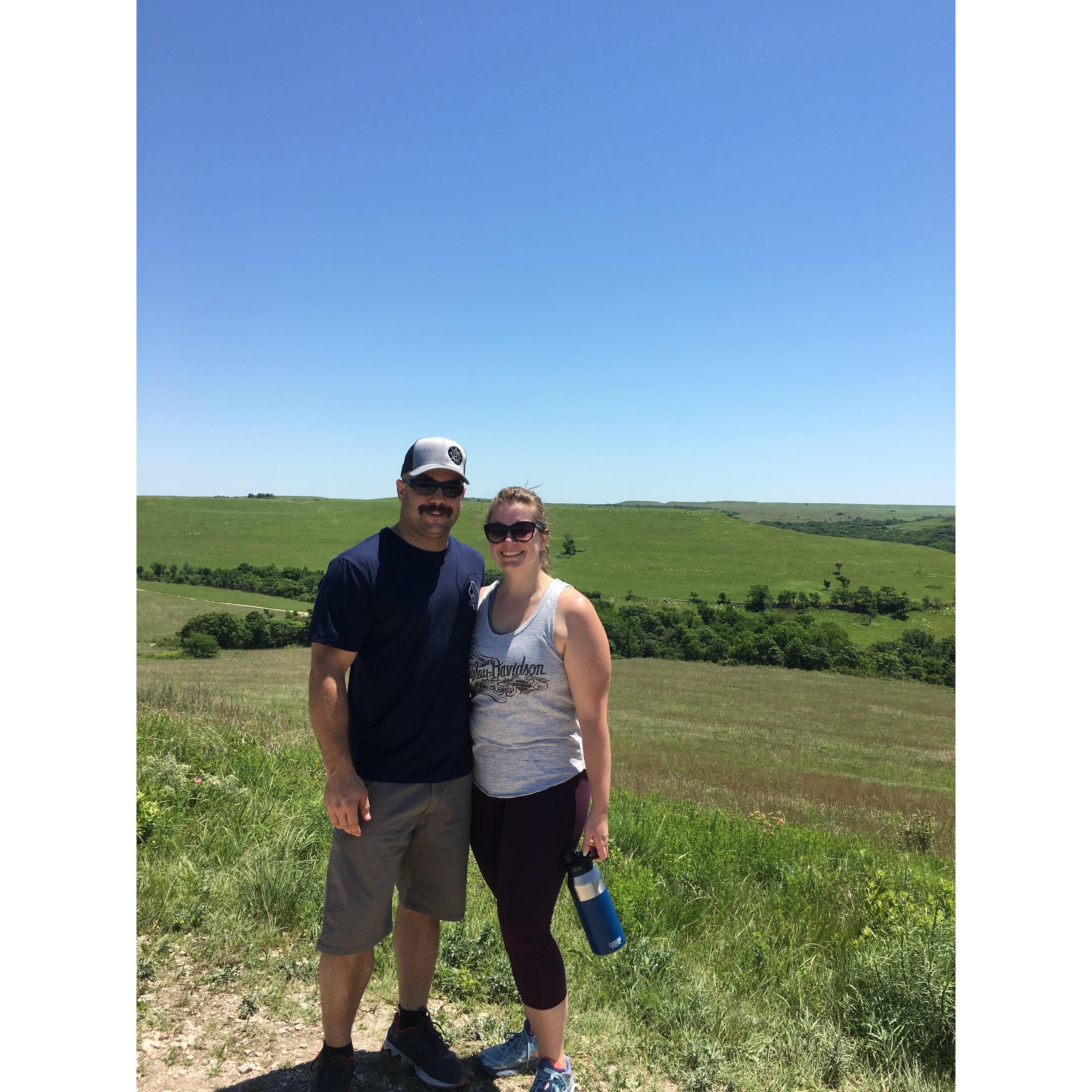 Our first photo together, hiking the Konza Prairie outside of Manhattan, KS.
