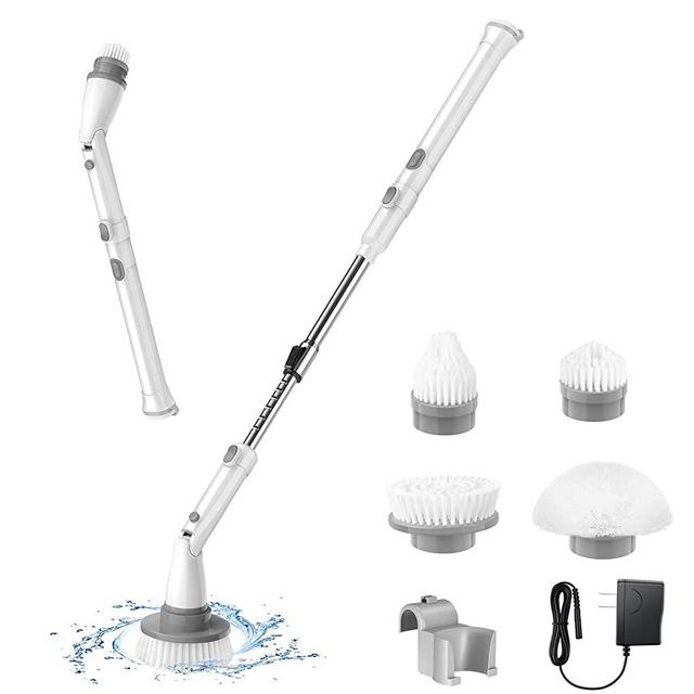 Electric Spin Scrubber, Cordless Household Cleaning Brush with Adjustable Extension Arm, 4 Replacement Brush Heads, Power Shower Scrubber for Bathroom, Tub, Tile, Floor, Wall, Grout, Bathtub, Window