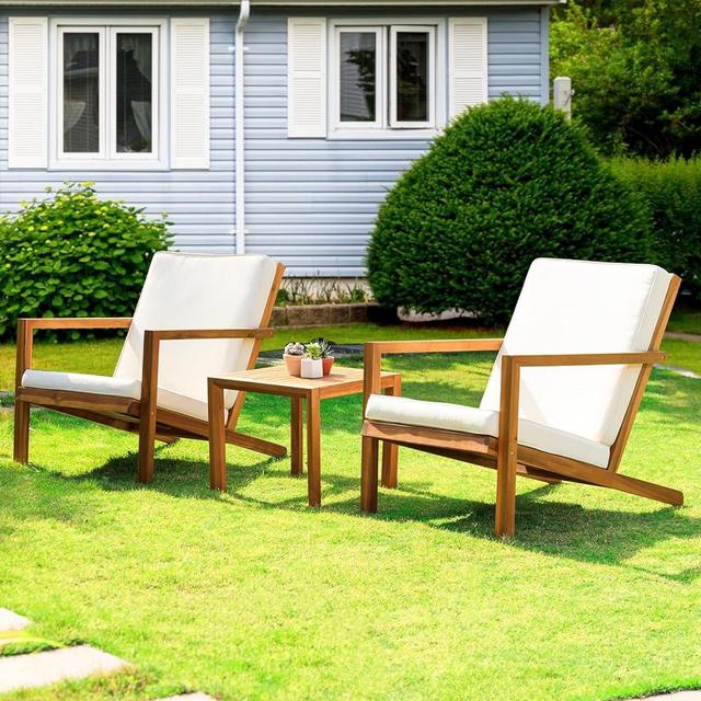 Idzo Eleve 400lbs Capacity Outdoor Club Chairs Set of 2 with Wooden Side Table, FSC Certified Acacia Wood Patio Furniture Set for Firepit Porch, Large, Slanted Backrest Design