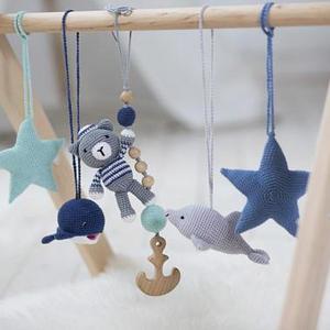 Nautical baby gym toys set of 5. Bear the sailor, dolphin, whale, stars. Crochet rattles. Navy, grey, mint
