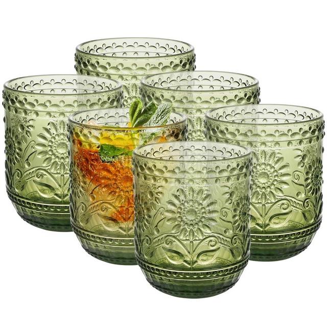Topsky Vintage Drinking Glass Set of 6,12 oz Embossed Floral Decorative Glassware Set,Glass Cups Wine Glasses Beverages Tumblers Colored Glassware for Whisky,Beer,Juice,Cocktail,Heavy Duty