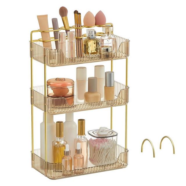 SONGMICS Makeup Organizer, 3-Tier Skincare Organizer Countertop, Customizable, 2 Types of Accessories, Jewelry Holder, for Vanity, Bedroom, Bathroom, Champagne Gold UJKA013A01
