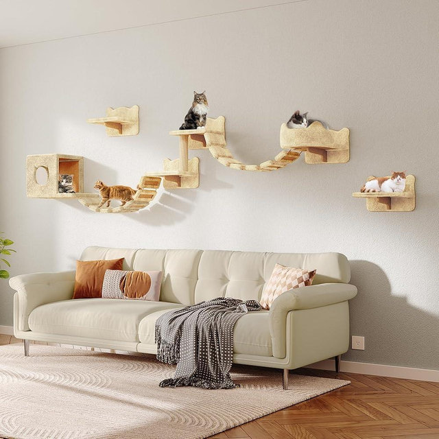 Homiflex Cat Wall Shelves, Wall Mounted Cat Shelf Furniture with Plush Fabric (9 Piece Set), Cats Furniture with Condos, House, Steps, Bridge Ladder, Scratching Post, Beige