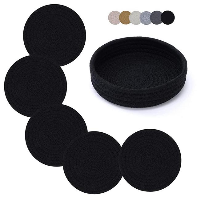 Trivets for Hot Dishes, Trivets for Hot Pots and Pans, 7 Inchs Hot Pads 5 Pcs and Storage Basket 1 Pack for Countertops, Pot Holders for Kitchen, Cotton Table Protector Hot Mats Heat Resistant (Black)