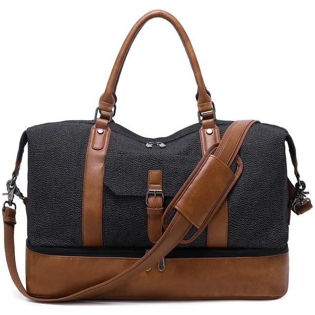 SHENHU Canvas Large Travel Duffel Bag Overnight Weekender Bag Carry on Shoulder Bag with Leather Shoes Compartment for Men Women Black
