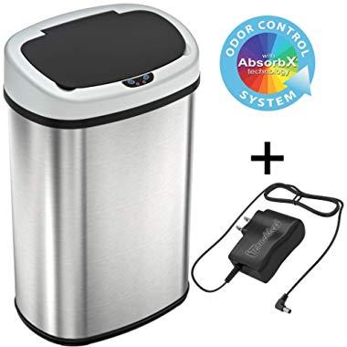 SensorCan 13 Gallon Battery-FREE Automatic Sensor Kitchen Trash Can with Power Adapter, Oval Shape Stainless Steel Garbage Bin with AC Plug