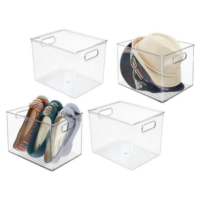 mDesign Plastic Home Storage Basket Bin with Handles for Organizing Closets, Shelves and Cabinets in Bedrooms, Bathrooms, Entryways and Hallways - 4 Pack - Clear