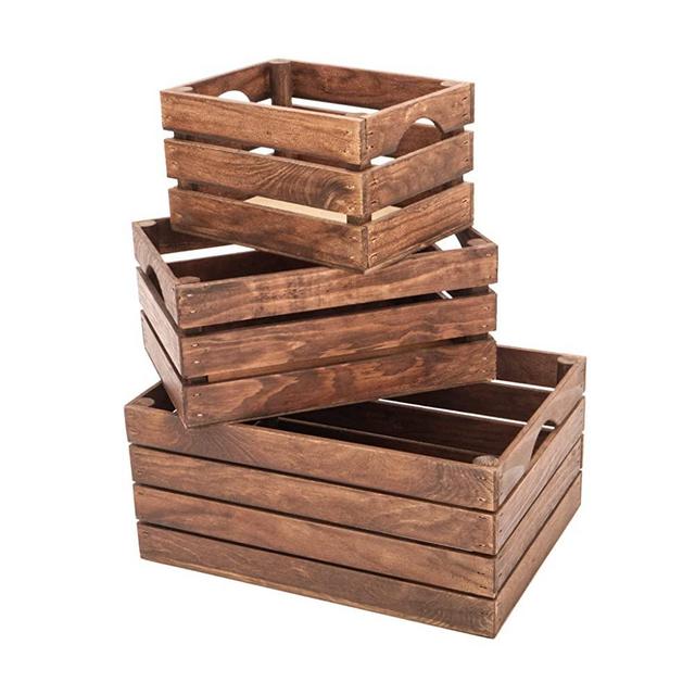Rustic Wooden Crates for decorative display - stained vintage crate set, storage boxes made from 100% Natural Wood from the USA (Dark Brown, Set of 3)
