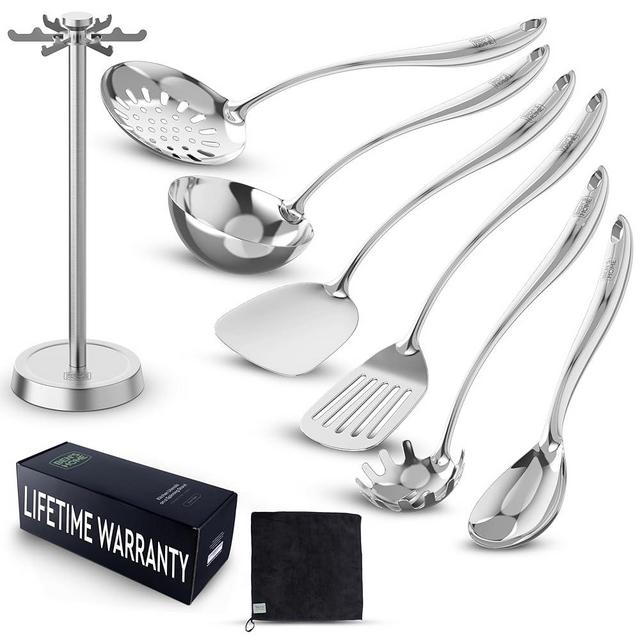 BEN'SHOME® Stainsteel Utensil Tools Set with Organized Holder Stand - Spatula, Spaghetti Server, Draining spoon, Serving spoon, Ladle, and Skimmer Spoon | Nonstick & Dishwasher Safe, Mirror Polished