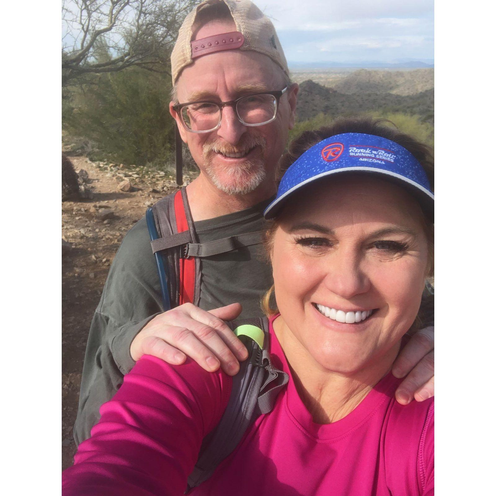 On one of our many hikes.