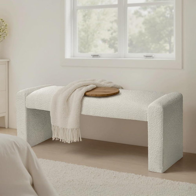 SIMTONAL 47" End of Bed Bench, Modern Fabric Upholstered Entryway Bench, Footrest Stool Accent Bench with Solid Wood Frame for Bedroom Living Room, White