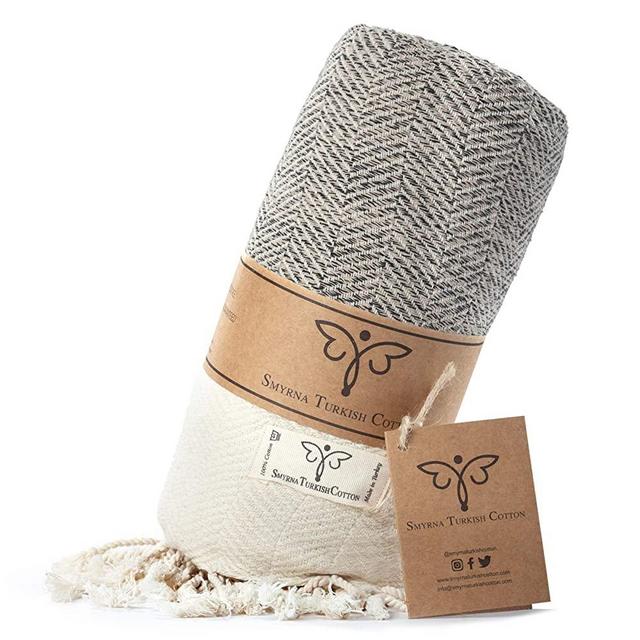 Smyrna Original Turkish Throw Blanket Herringbone Series | 100% Cotton, 50 x 60 Inches | Vintage Boho Throw Blankets for Couch, Sofa, Bed, Farmhouse and Home Decor | Lightweight and Super Soft (Beige)