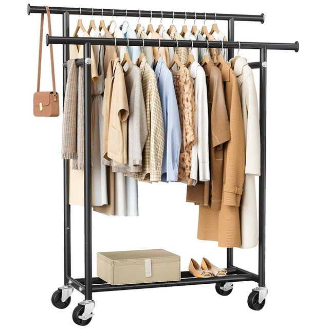 HYSEYY Clothes Rack, Double Rods Rolling Clothing Rack for Hanging Clothes, Portable Garment Rack with Wheels, Coat Rack Wardrobe Closet Load 240 LBS for Bedroom Laundry Room, Black