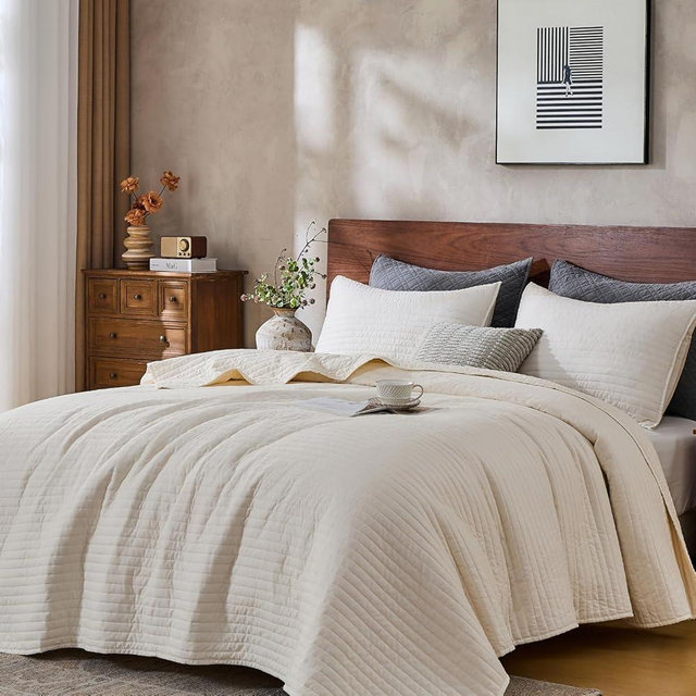 DOWN HOME Queen Quilt Bedding Set with Shams, Vintage Washed Soft Quilted Blanket Thin Comforter Lightweight Bedspread Coverlet Bed Cover, Brushed Microfiber Stripe Stitching, Linen White, 86"x90"