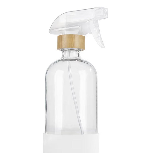 HOMBYS Empty Bamboo Glass Spray Bottles with Silicone Sleeve Protection - Refillable 17 oz Clear Glass Containers for Cleaning Solutions, Essential Oils, Misting Plants - Quality Sprayer - 1 PCS