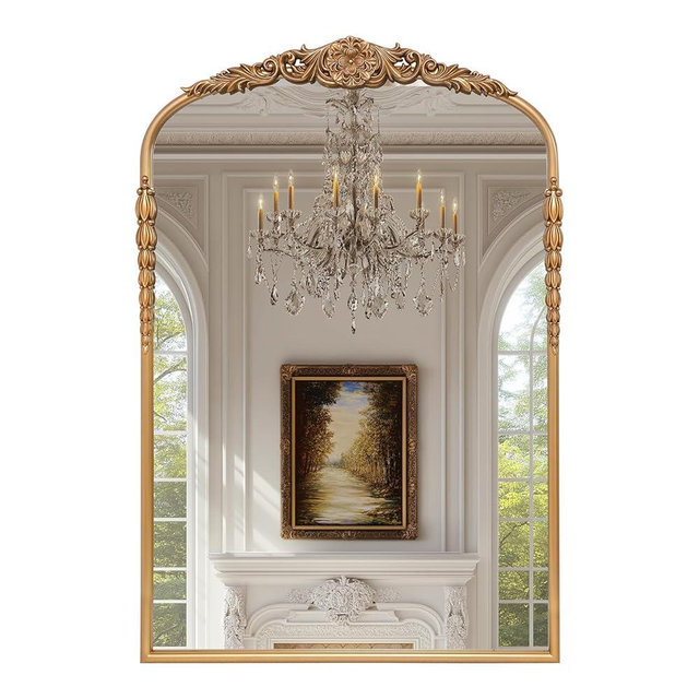 G-LEAF Vintage Baroque Mirror 24"X36",Arched Mantel Victorian Antique Farmhouse Mirror with Bronze Ornate Metal Frame for Fireplace Entryway Living Room Hallway Bathroom
