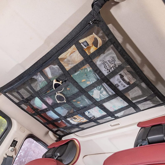 Kaskawise Car Ceiling Cargo Net, 35.4" x 23.6" Double Layer Overhead Storage Organizer for 4 Grab Handle Vehicles,Fits Most SUVs, Vans & Trucks,Mesh Roof Pocket for Camping & Road Trips