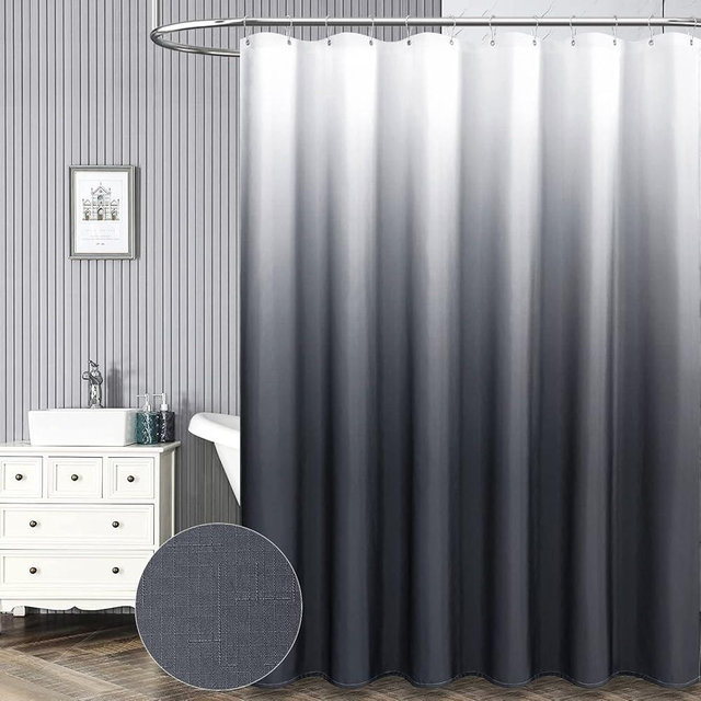 BTTN Extra Long Shower Curtain - 72 x 84 Inch Long Ombre Linen Textured Fabric Shower Curtain Set with Hooks, Modern Simple Decor, Tall Hotel Spa Luxury Cloth Shower Curtains for Bathroom - Grey