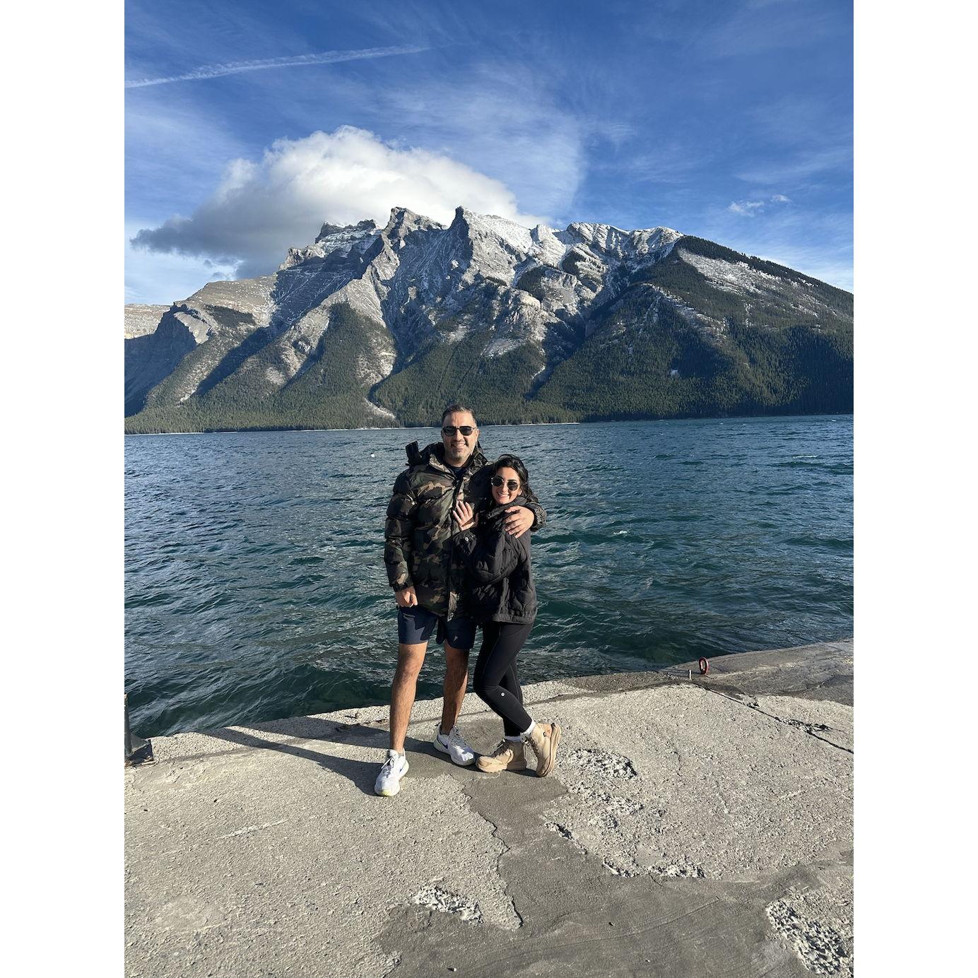 A few minutes after Bassem proposed at Lake Minnewanka in Banff, following a romantic picnic from our favorite spot in Canmore, Rocky Mountain Bagel.